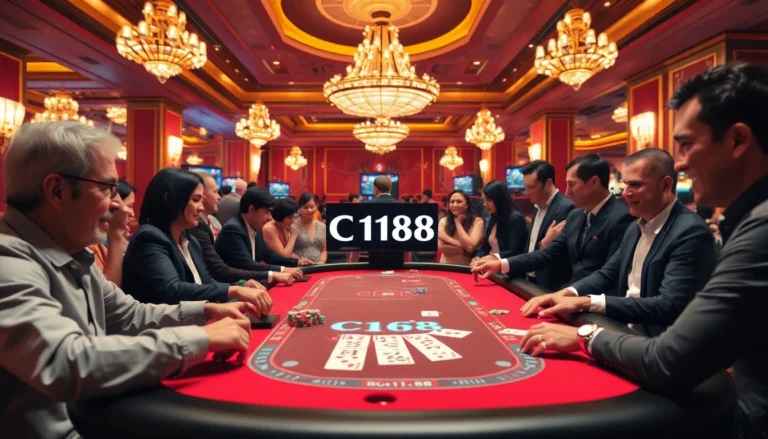 Experience the thrill of the C168 poker table, where players strategize for big wins in a lively casino atmosphere.