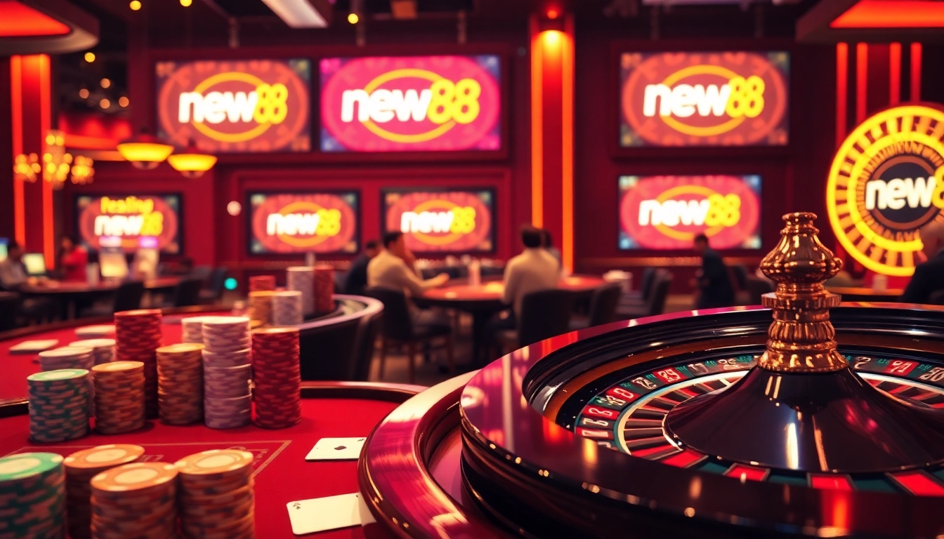Experience the thrill of winning at new88 with vibrant casino tables and excited players.