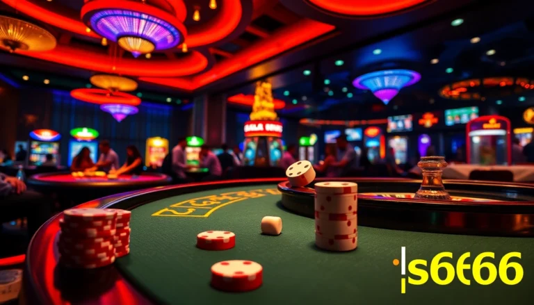 Experience the thrill of s666 gaming with vibrant casino tables, modern lighting, and action-packed gameplay in a bustling casino atmosphere.