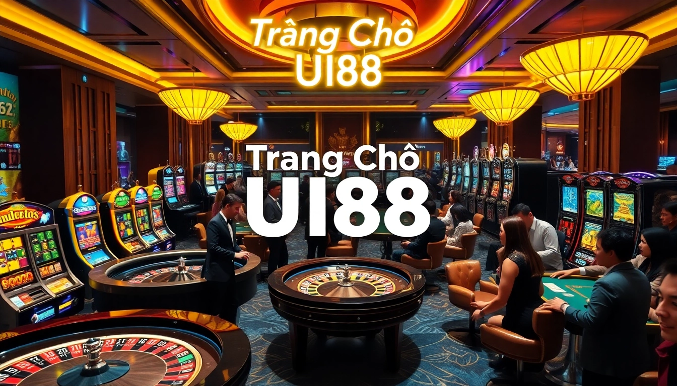 Experience vibrant gambling excitement at the Trang Chủ UU88 Casino with roulette, slot machines, and poker players in action.