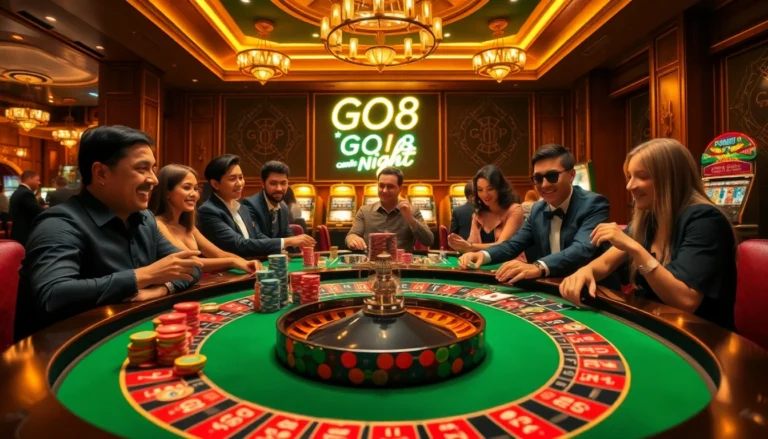 GO8 Casino Night atmosphere with players celebrating at a roulette table, vibrant visuals and excitement.