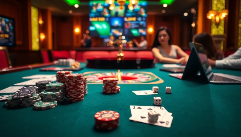 Engage with high-stakes gambling at lc88.com with vibrant casino tables, poker chips, and roulette wheels.