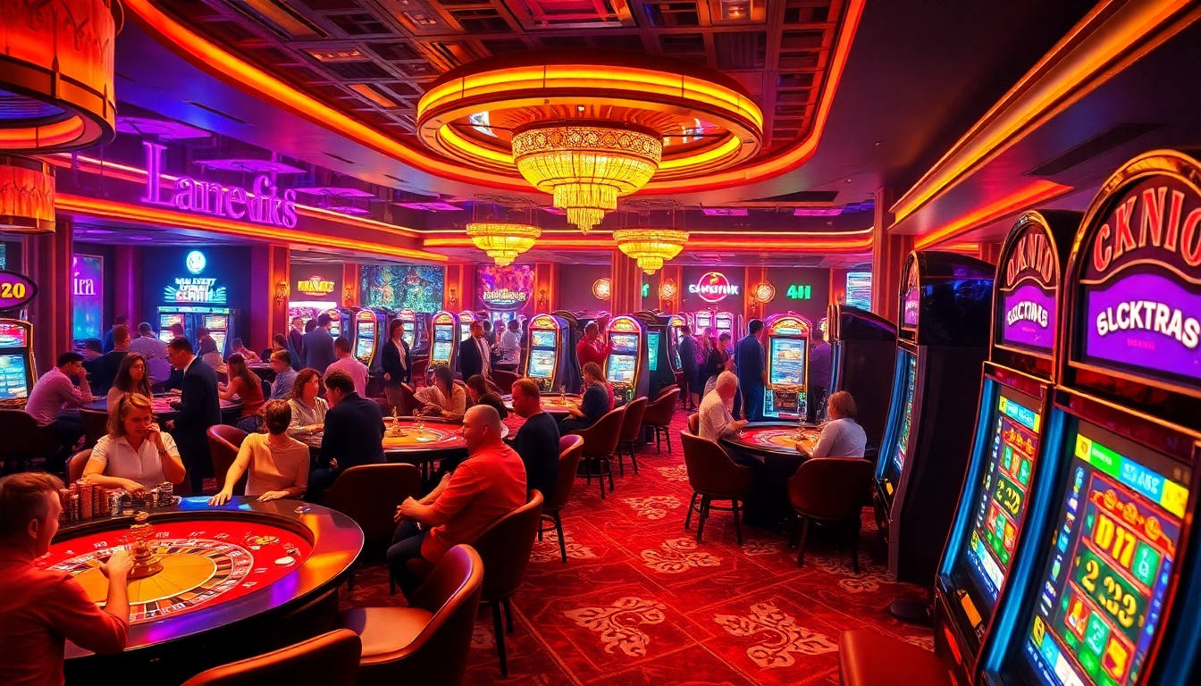 Exciting atmosphere at OKFUN Casino with players engaged in poker and vibrant slot machines.