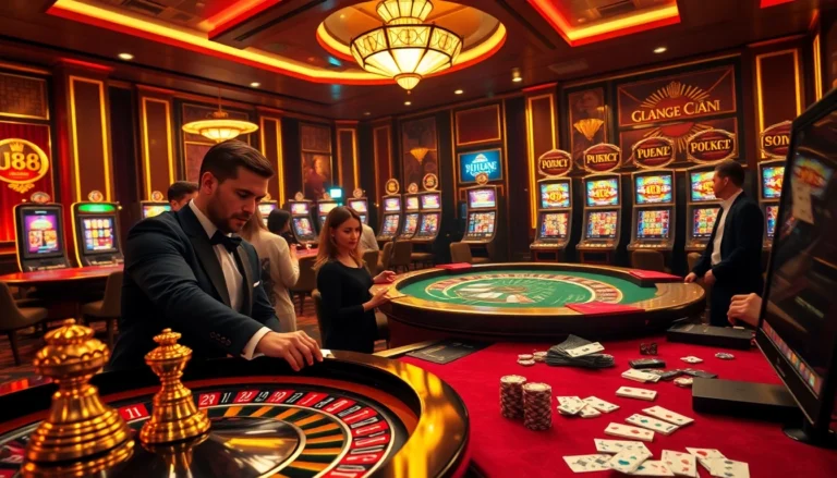 Experience the excitement of Trang Chủ UU88 with players at a high-stakes casino roulette table, surrounded by vibrant gaming action.