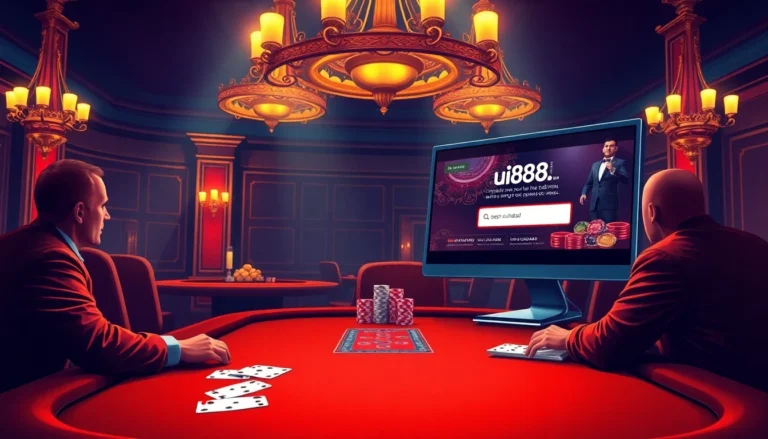 Engage in thrilling online gambling at https://uu88.dad/ with a vibrant casino atmosphere featuring a poker table and chips.