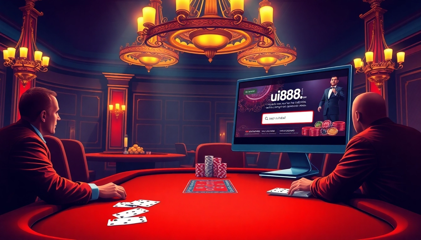 Engage in thrilling online gambling at https://uu88.dad/ with a vibrant casino atmosphere featuring a poker table and chips.