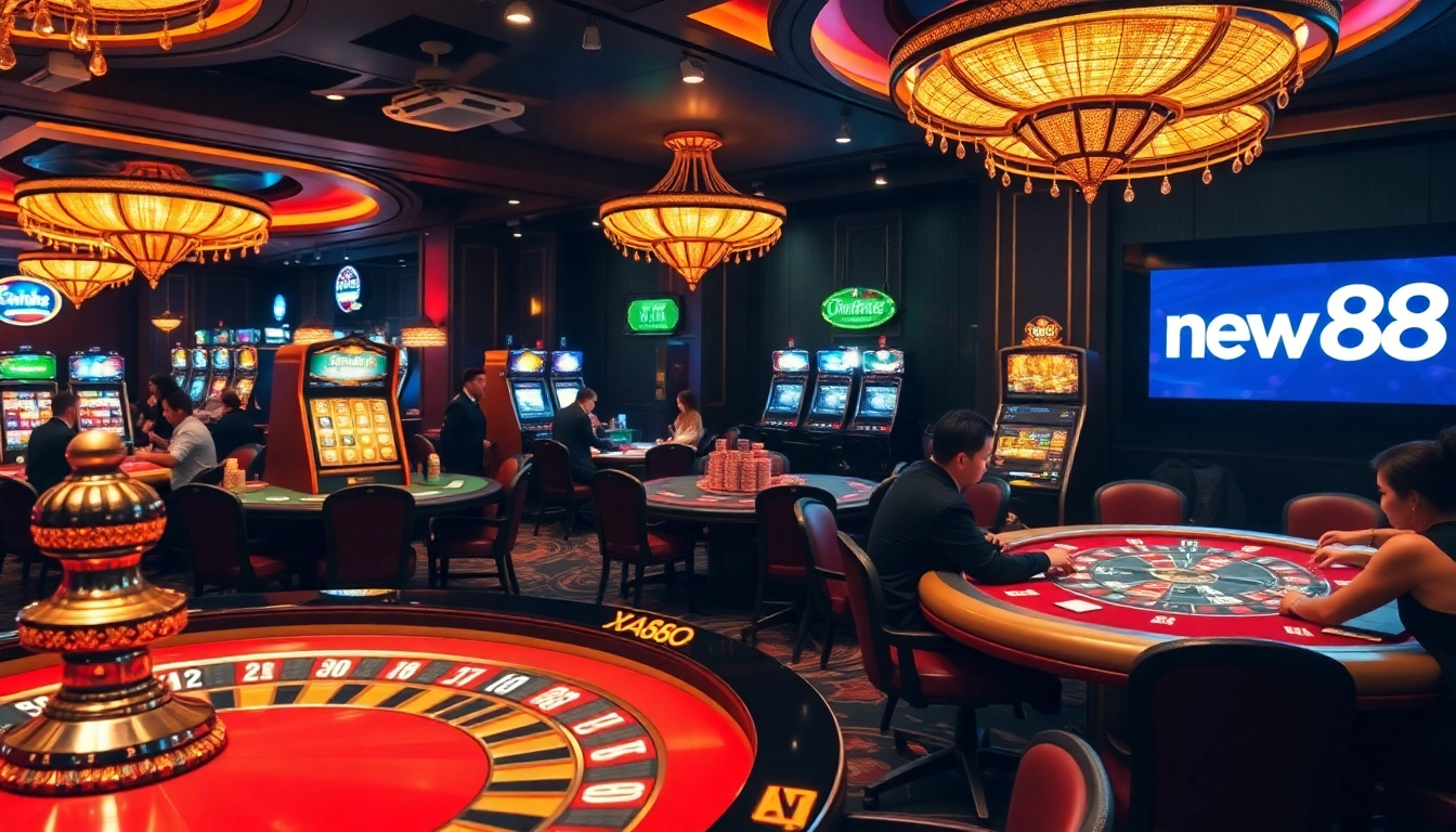 New888's vibrant casino scene featuring engaged players at poker tables and exciting slot machines.