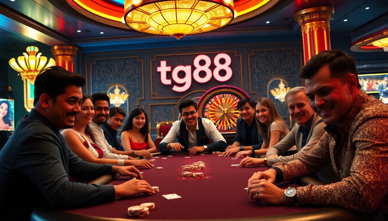 Experience the excitement of tg88 casino games with intense poker action, vibrant lights, and luxurious decor.